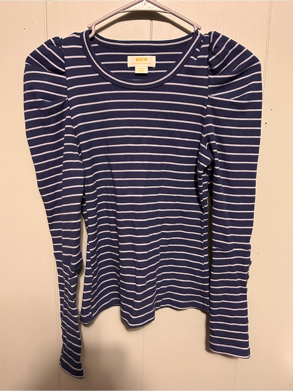 Anthropologie Navy and White Striped Puff-Sleeve Long Sleeve Tee